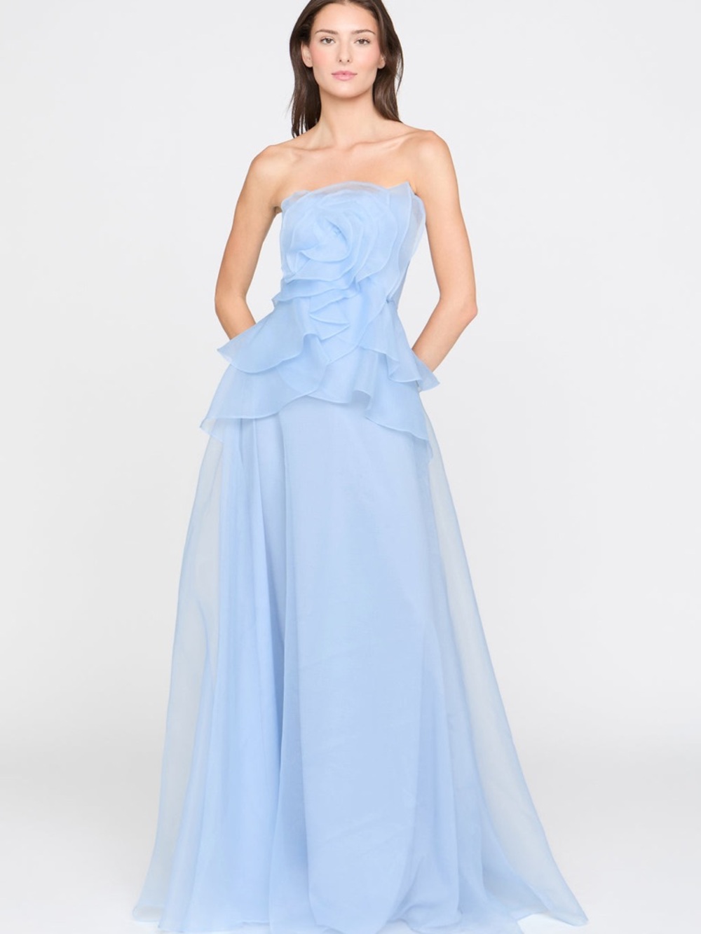 Theia Gilda Draped Rose Gown Strapless Powder Blue Layered Ruffle Gown